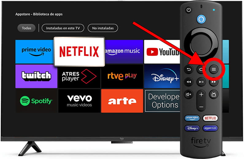 Menú opciones aplicación Fire TV