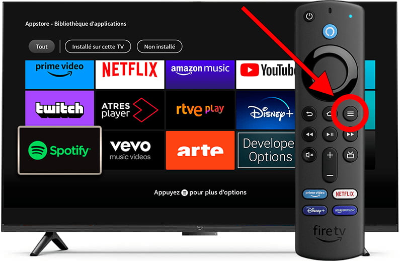 Menu des options d'application Fire TV