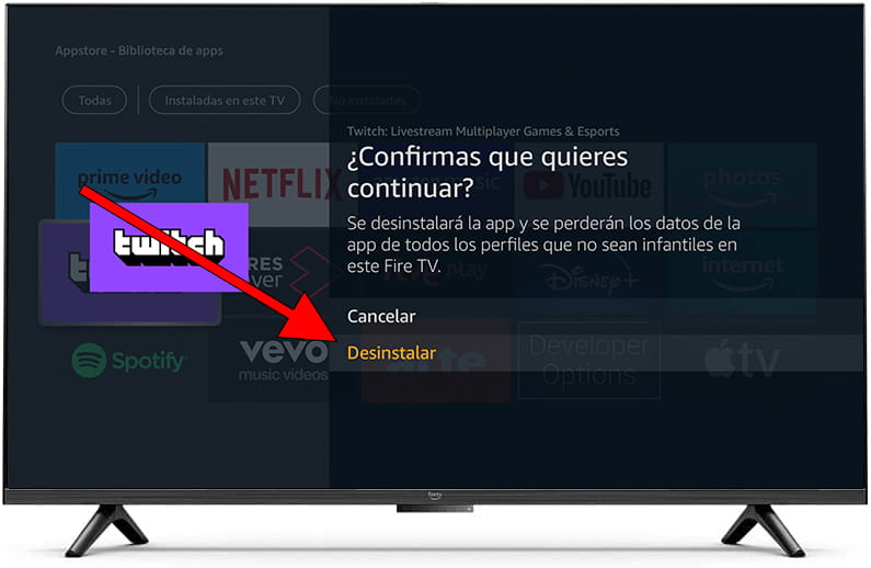 Confirmar desinstalar aplicación Fire TV