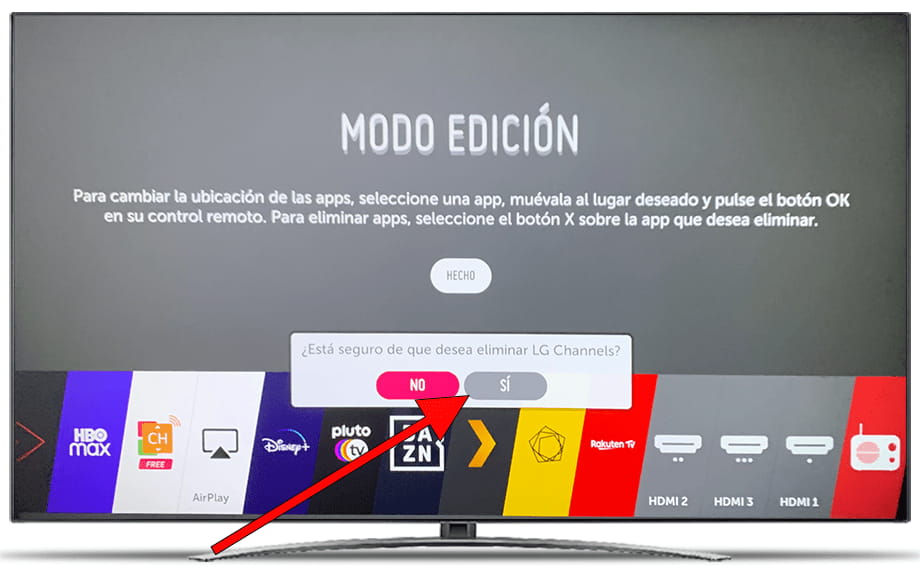 Confirmar eliminar aplicación LG TV