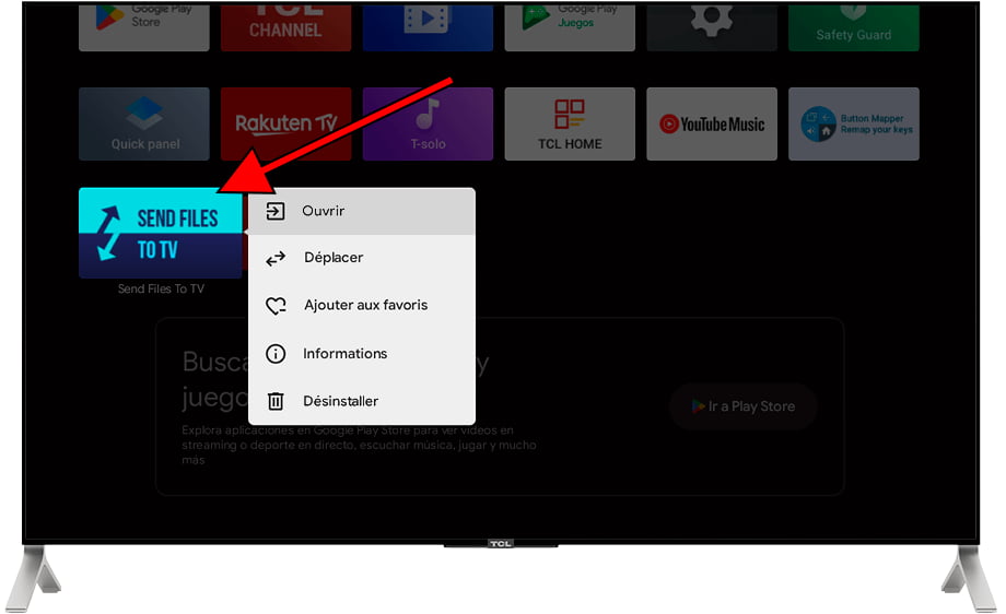 Menu des options d'application Android TV