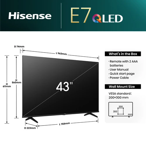 Hisense 43E7NQTUK Televisor 109,2 cm (43") 4K Ultra HD Smart TV Wifi Negro 350 cd / m² 9