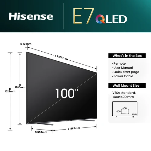 Hisense 100E7NQTUK TV 2.54 m (100") 4K Ultra HD Smart TV Wi-Fi Black 400 cd/m² 2